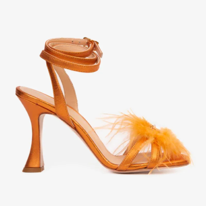 The Siena Orange Leather Ankle Strap Plumed Women Sandal