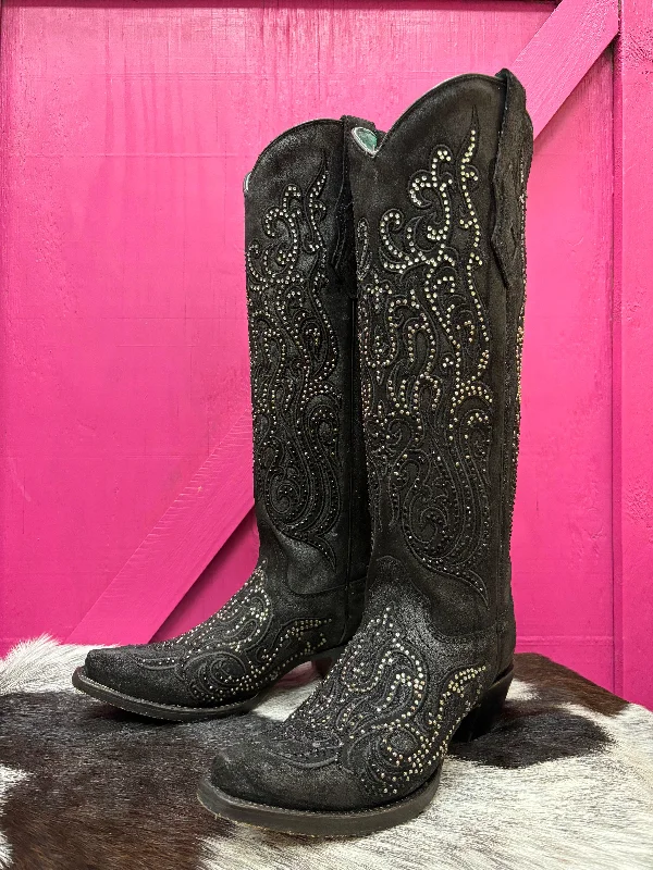 Corral Women's Black Overlay Crystal Studded Tall Cowgirl Boots C4097