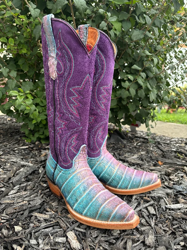 Dingo Women's Royale Caterina Purple Caiman Print Snip Toe Cowgirl Boots DI209