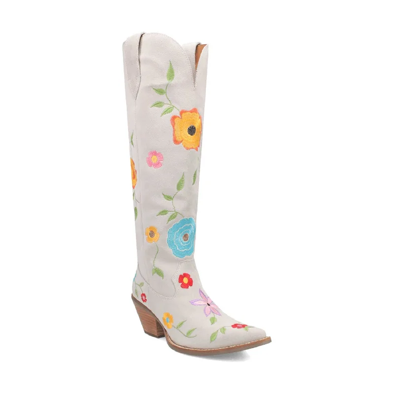 Dingo Womens Flower Power White Suede Cowboy Boots