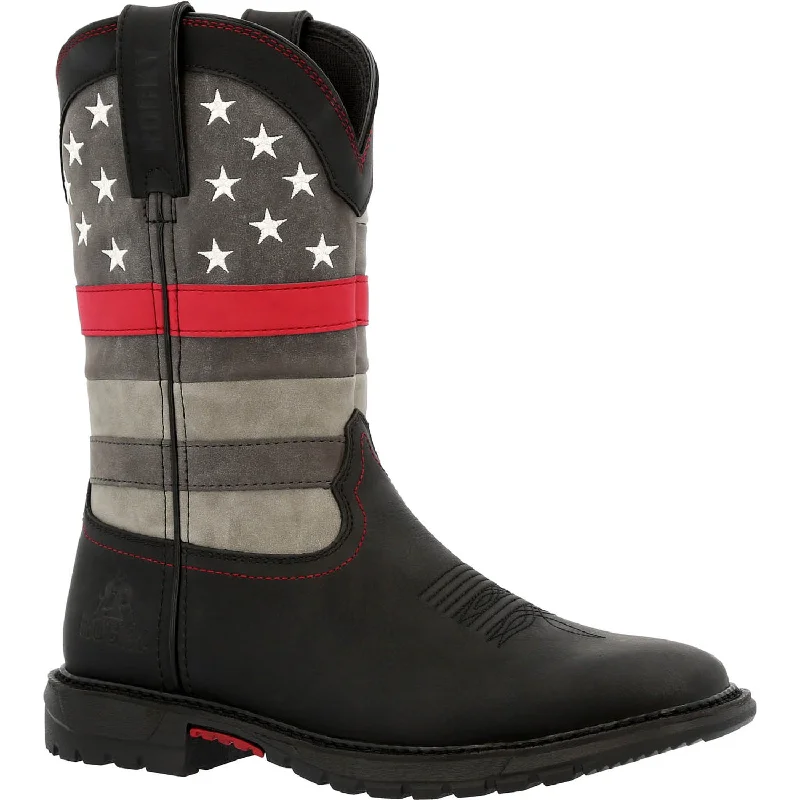 Rocky Womens Black/Gray Leather Red Line Western Cowboy Boots