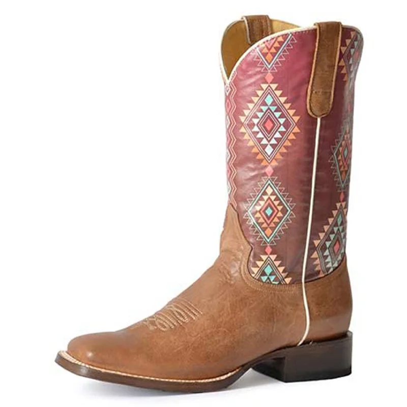 Roper Women's Tan Aztec Print Square Toe Boots